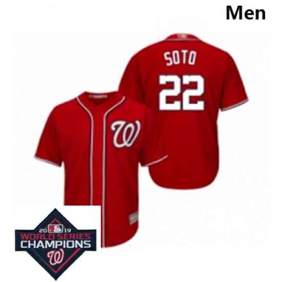 Mens Washington Nationals 22 Juan Soto Red Alternate 1 Cool Base Baseball Stitched 2019 World Series Champions Patch Jersey